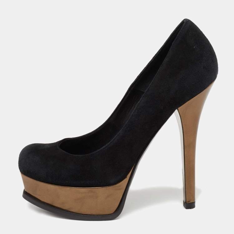 Pre Owned Fendi Black/Copper Suede Fendista Platform Pumps Size 37.5