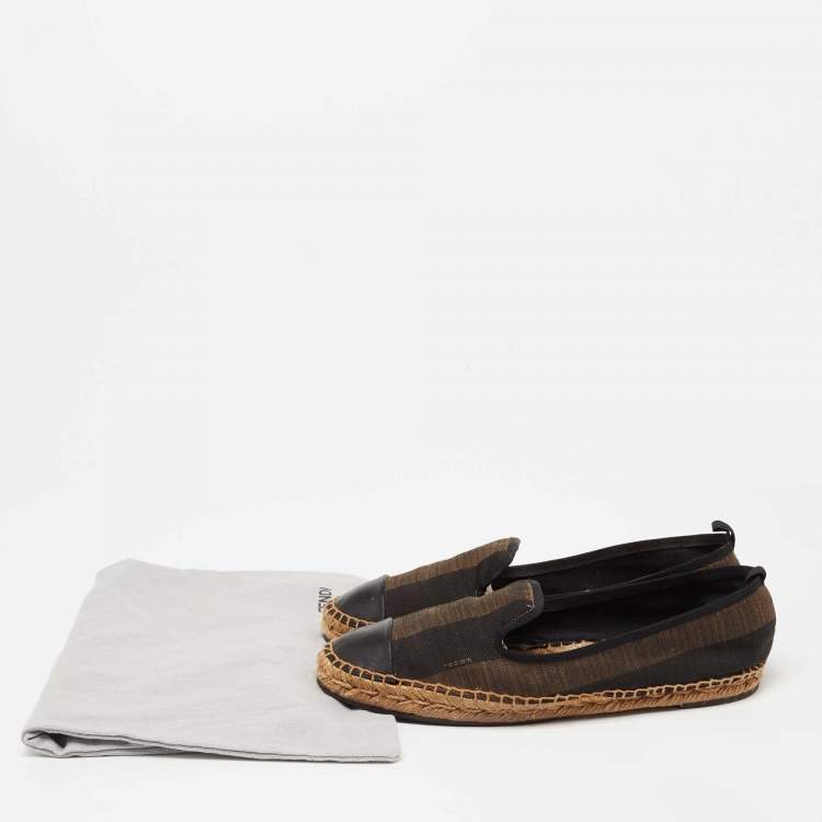 Pre Owned Fendi Black/Brown Pequin Canvas and Leather Cap Toe Espadrilles Flat Size 41 
