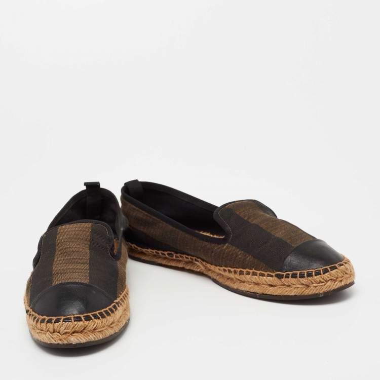 Pre Owned Fendi Black/Brown Pequin Canvas and Leather Cap Toe Espadrilles Flat Size 41 