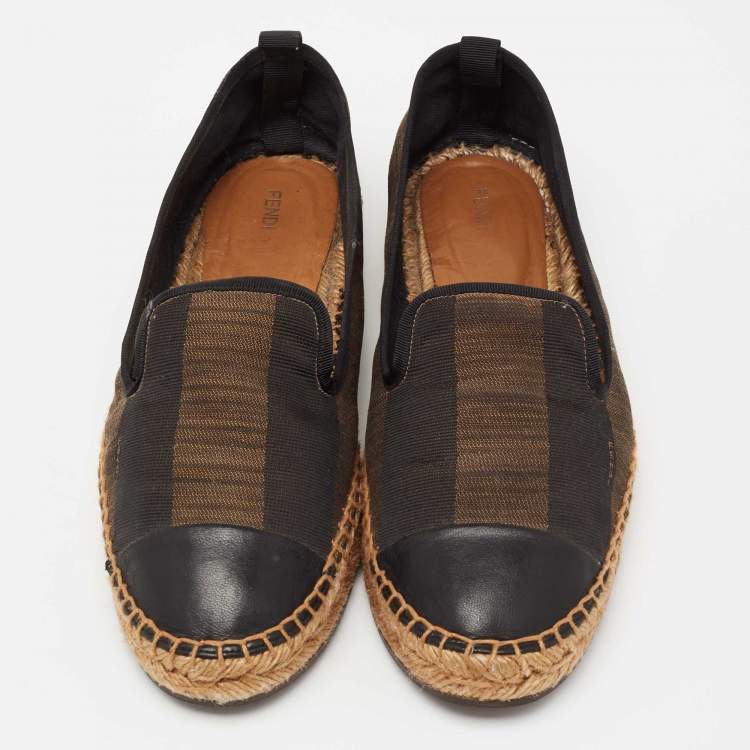 Pre Owned Fendi Black/Brown Pequin Canvas and Leather Cap Toe Espadrilles Flat Size 41 