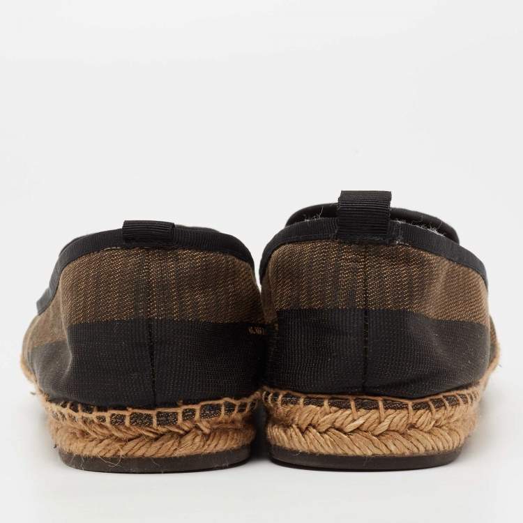 Pre Owned Fendi Black/Brown Pequin Canvas and Leather Cap Toe Espadrilles Flat Size 41 