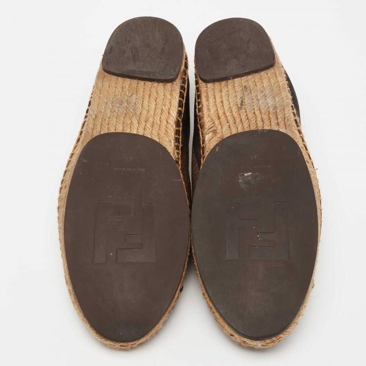 Pre Owned Fendi Black/Brown Pequin Canvas and Leather Cap Toe Espadrilles Flat Size 41 