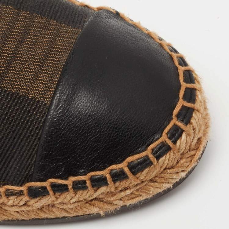 Pre Owned Fendi Black/Brown Pequin Canvas and Leather Cap Toe Espadrilles Flat Size 41 