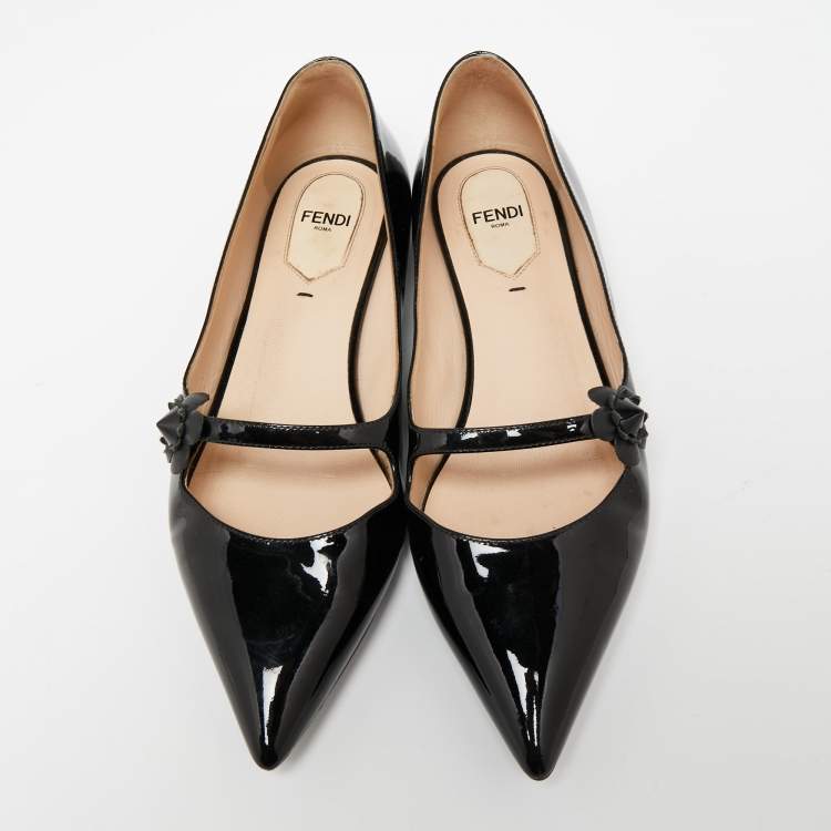 مملوكة مسبقًا Fendi Black Patent Leather Flowerland Ballet Flats Size 38.5