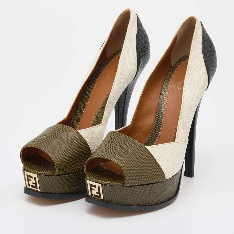 Pre Owned Fendi Tricolor Iguana Leather Fendista Peep Toe Platform Pumps Size 41