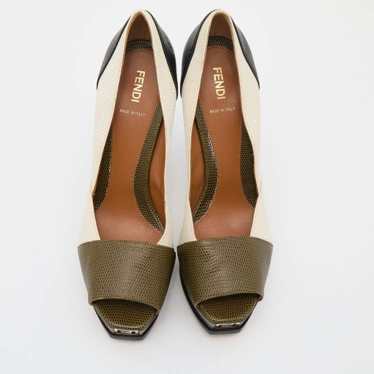 Pre Owned Fendi Tricolor Iguana Leather Fendista Peep Toe Platform Pumps Size 41