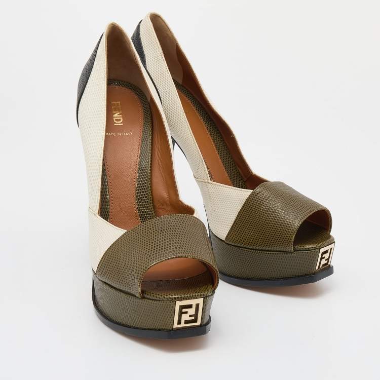 Pre Owned Fendi Tricolor Iguana Leather Fendista Peep Toe Platform Pumps Size 41