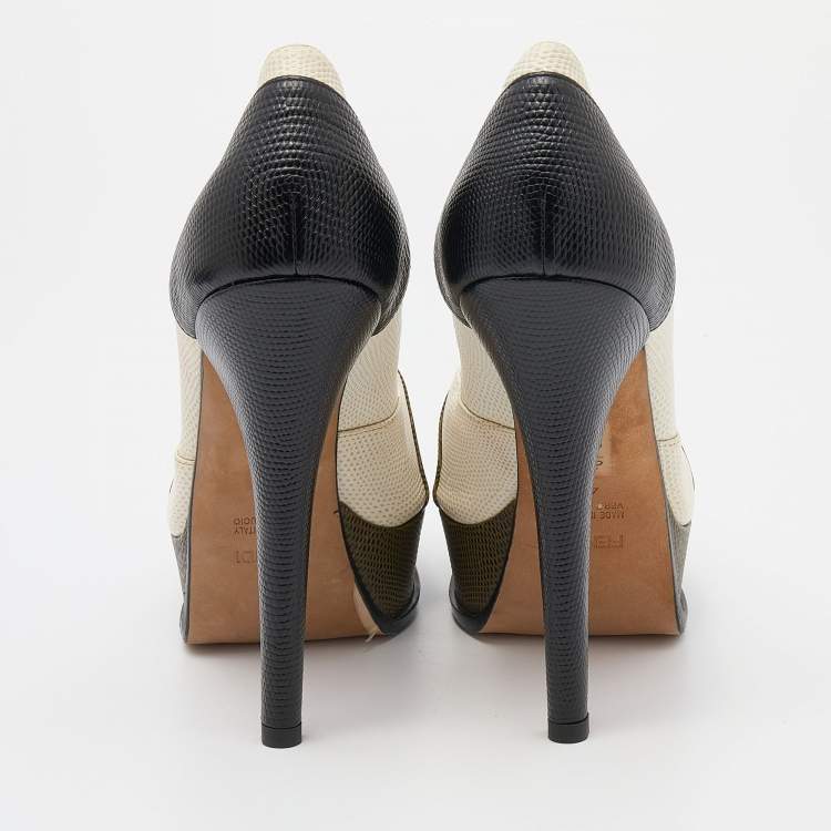 Pre Owned Fendi Tricolor Iguana Leather Fendista Peep Toe Platform Pumps Size 41