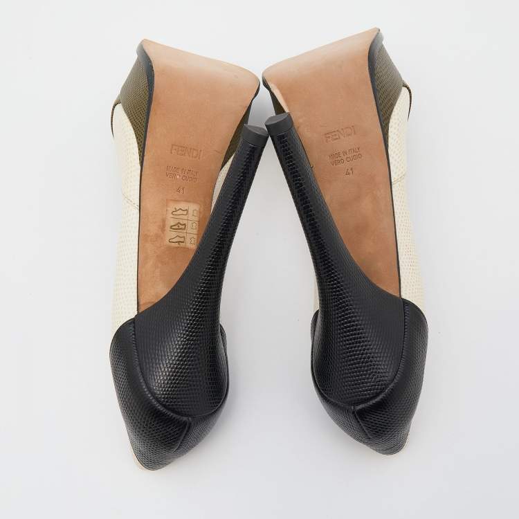 Pre Owned Fendi Tricolor Iguana Leather Fendista Peep Toe Platform Pumps Size 41