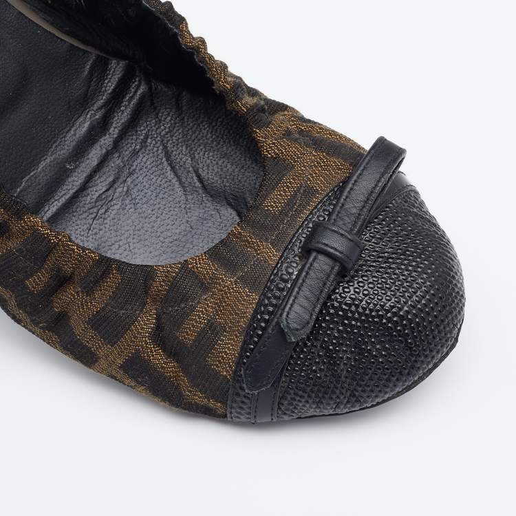 Pre Owned Fendi Tobacco Zucca Canvas And Embossed Leather Cap Toe Scrunch Ballet Flats Size 39