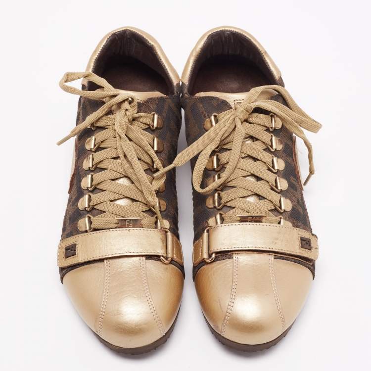 مملوكة مسبقًا Fendi Gold/Tobacco Zucca Canvas and Leather Lace and Velcro Strap Sneakers Size 36.5