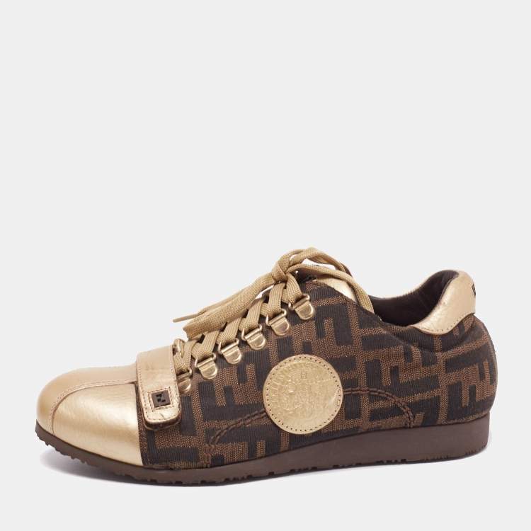 مملوكة مسبقًا Fendi Gold/Tobacco Zucca Canvas and Leather Lace and Velcro Strap Sneakers Size 36.5