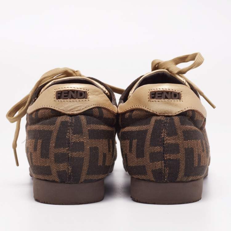 مملوكة مسبقًا Fendi Gold/Tobacco Zucca Canvas and Leather Lace and Velcro Strap Sneakers Size 36.5