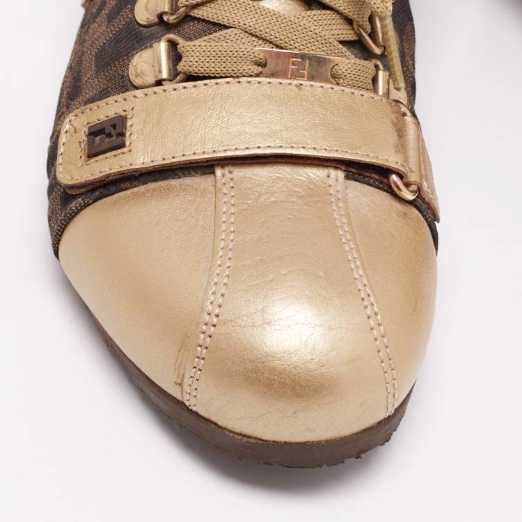مملوكة مسبقًا Fendi Gold/Tobacco Zucca Canvas and Leather Lace and Velcro Strap Sneakers Size 36.5
