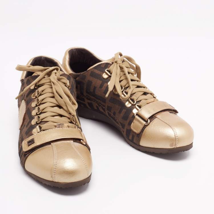 مملوكة مسبقًا Fendi Gold/Tobacco Zucca Canvas and Leather Lace and Velcro Strap Sneakers Size 36.5