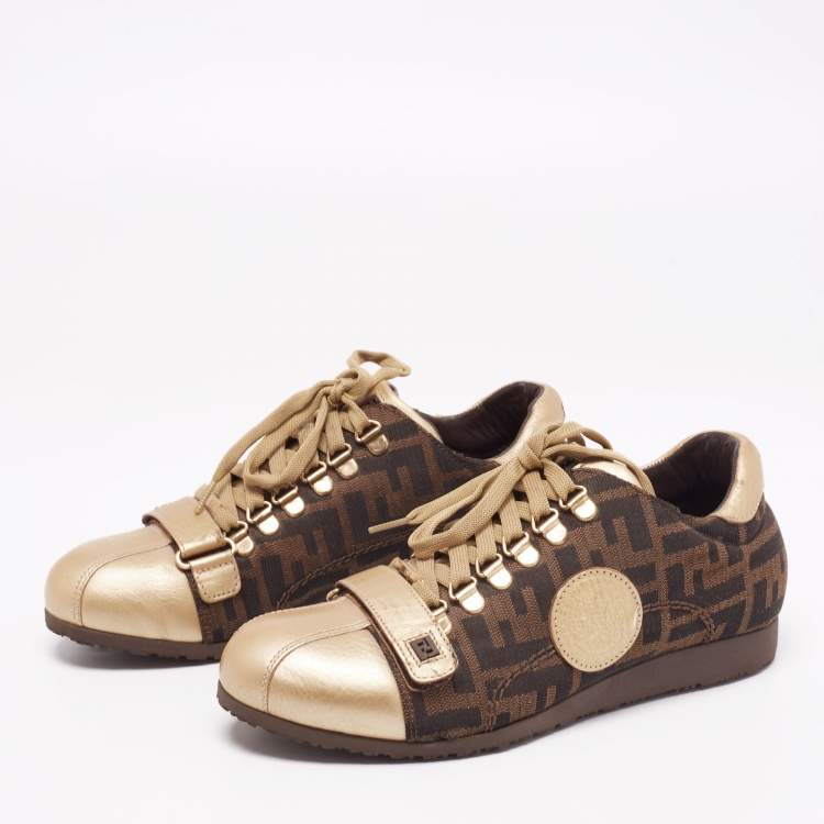 مملوكة مسبقًا Fendi Gold/Tobacco Zucca Canvas and Leather Lace and Velcro Strap Sneakers Size 36.5