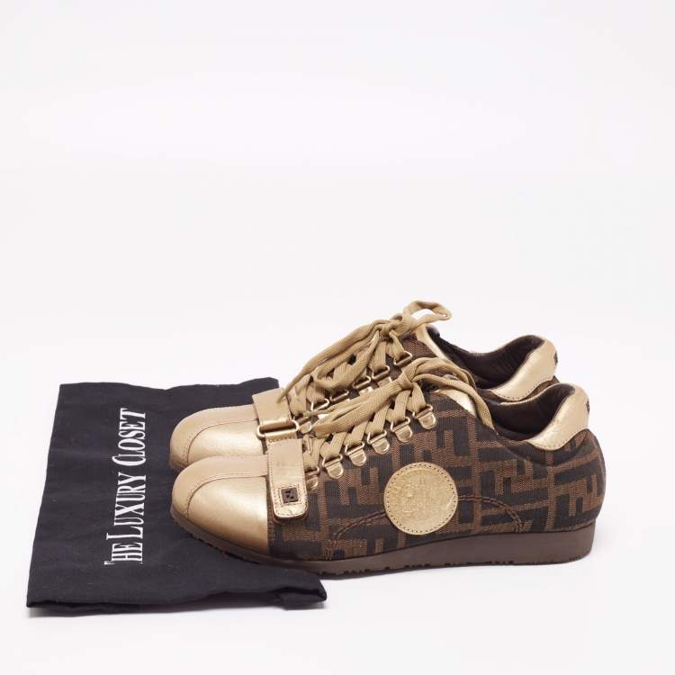 مملوكة مسبقًا Fendi Gold/Tobacco Zucca Canvas and Leather Lace and Velcro Strap Sneakers Size 36.5