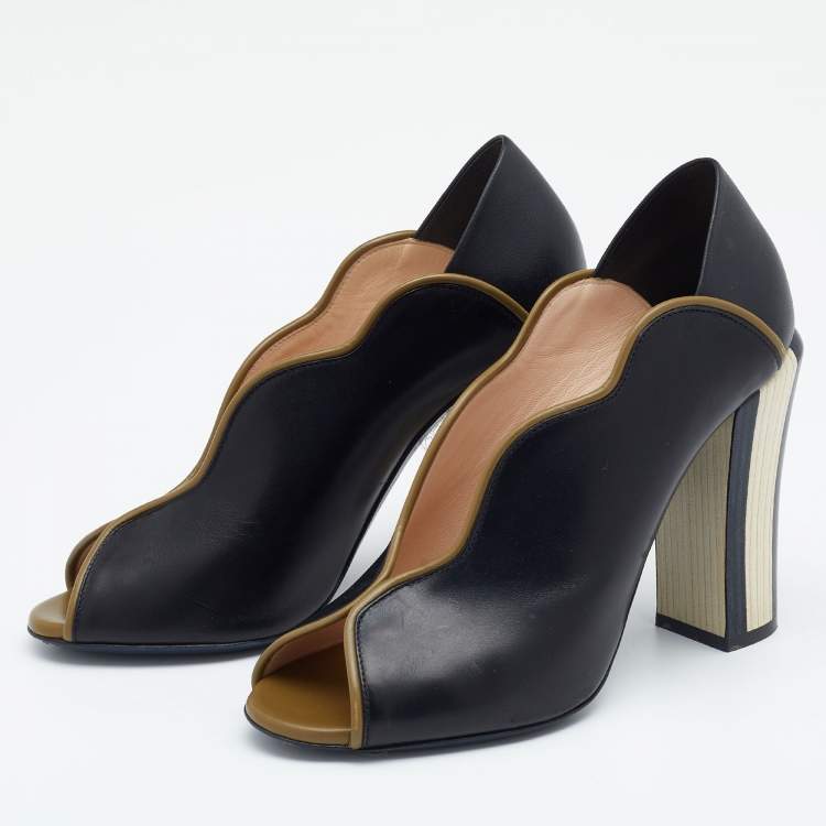 مملوكة مسبقًا Fendi Black/Olive Green Wave Leather Foldable Heel Peep Toe Pumps Size 37