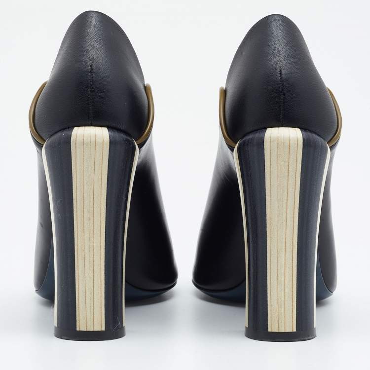 مملوكة مسبقًا Fendi Black/Olive Green Wave Leather Foldable Heel Peep Toe Pumps Size 37