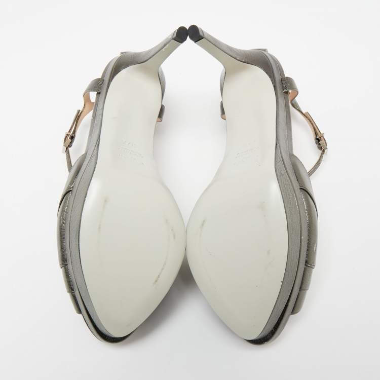 Pre Owned Fendi Metallic Dark Grey Leather Platform T-Strap Sandals Size 37.5