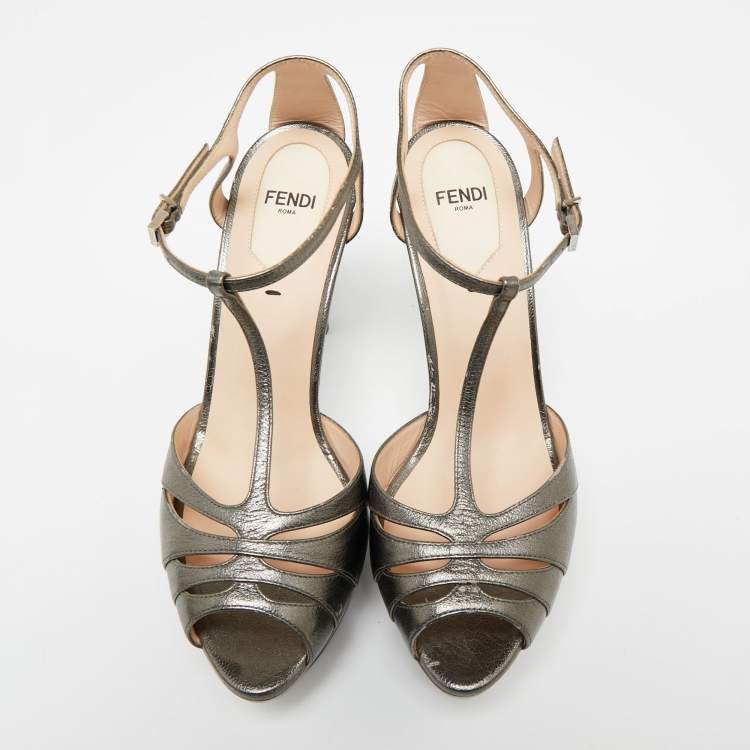 Pre Owned Fendi Metallic Dark Grey Leather Platform T-Strap Sandals Size 37.5