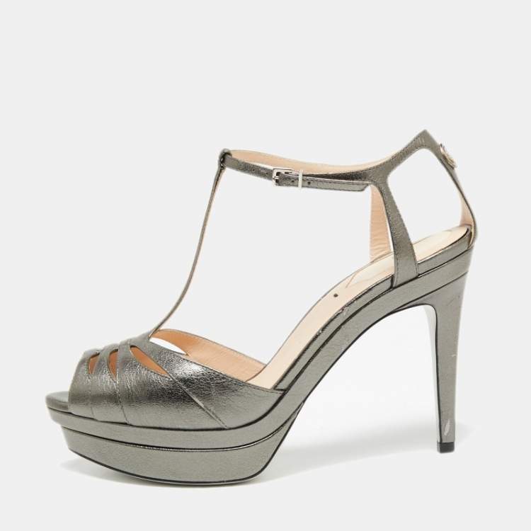 Pre Owned Fendi Metallic Dark Grey Leather Platform T-Strap Sandals Size 37.5