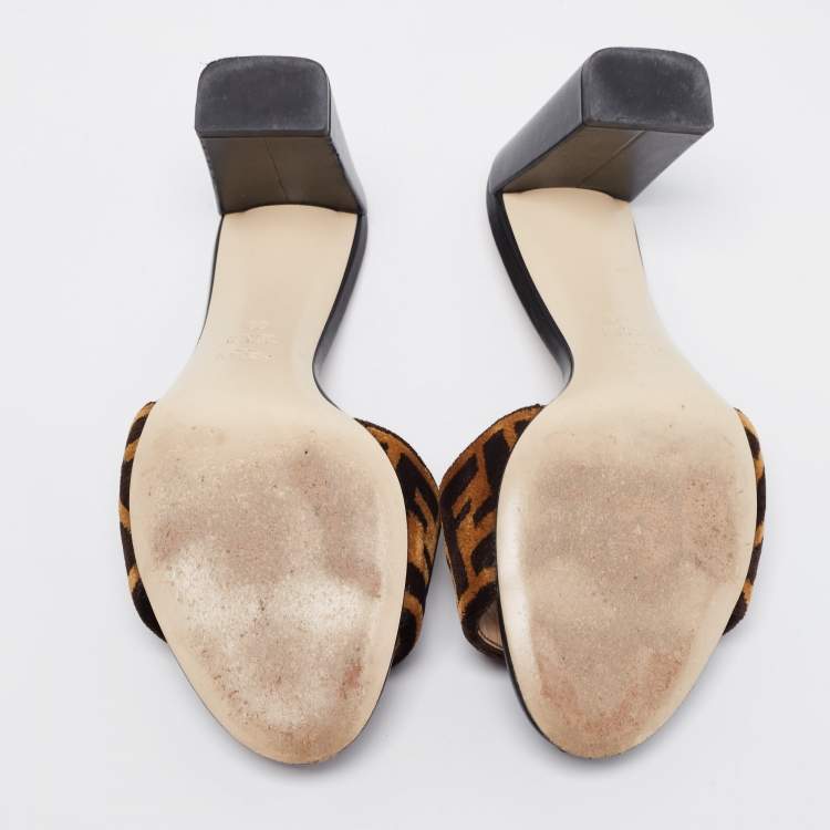 Pre Owned Fendi Brown/Black FF Logo Velvet Slide Sandals Size 39