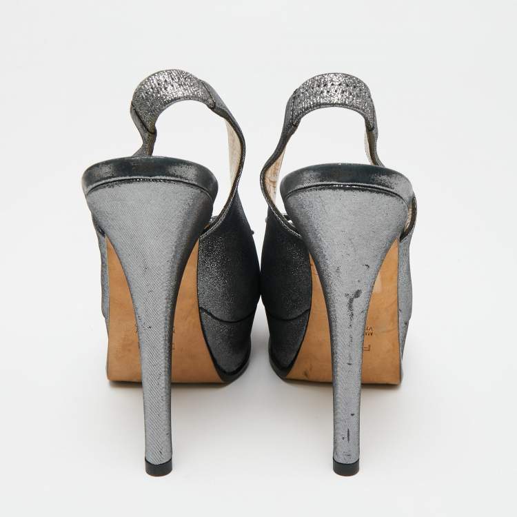 Pre Owned Fendi Metallic Grey Suede Fendista Peep Toe Slingback Platform Sandals Size 38.5