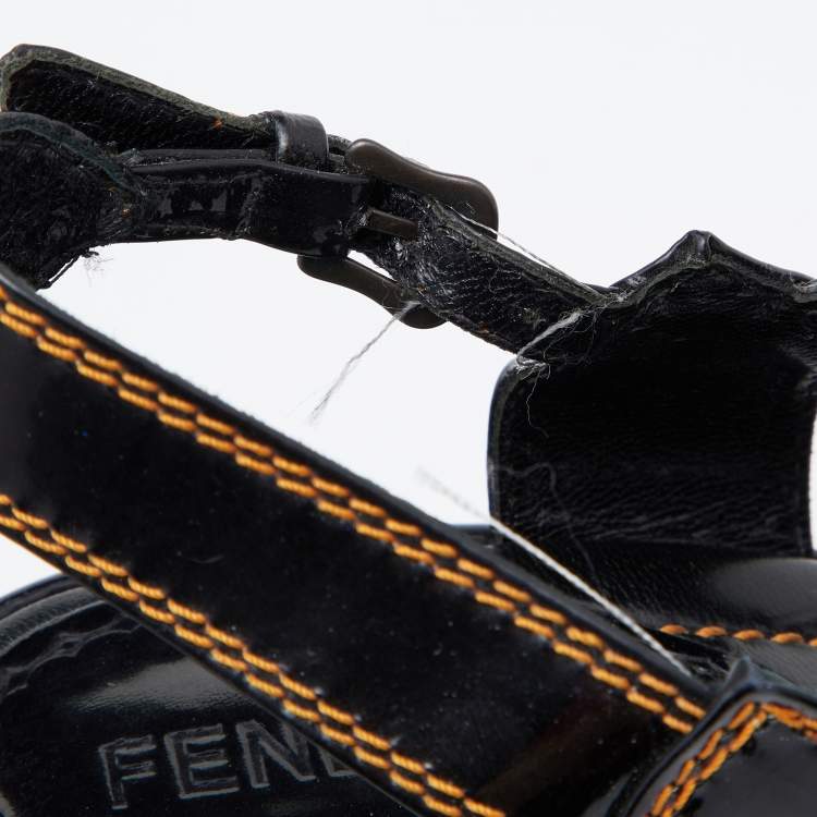 Pre Owned Fendi Black Patent Leather B Buckle Platform Wedge Sandals Size 37.5