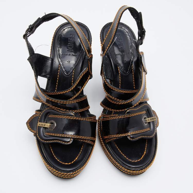 Pre Owned Fendi Black Patent Leather B Buckle Platform Wedge Sandals Size 37.5
