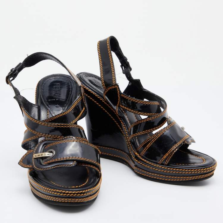 Pre Owned Fendi Black Patent Leather B Buckle Platform Wedge Sandals Size 37.5