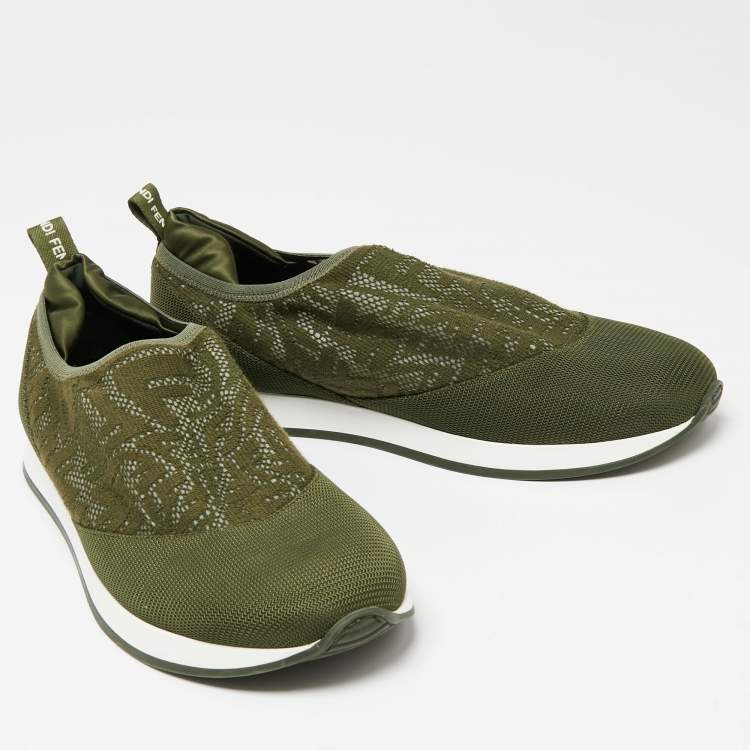 Pre Owned Fendi Green Mesh And Fabric Runner Slip On Sneakers Size 39