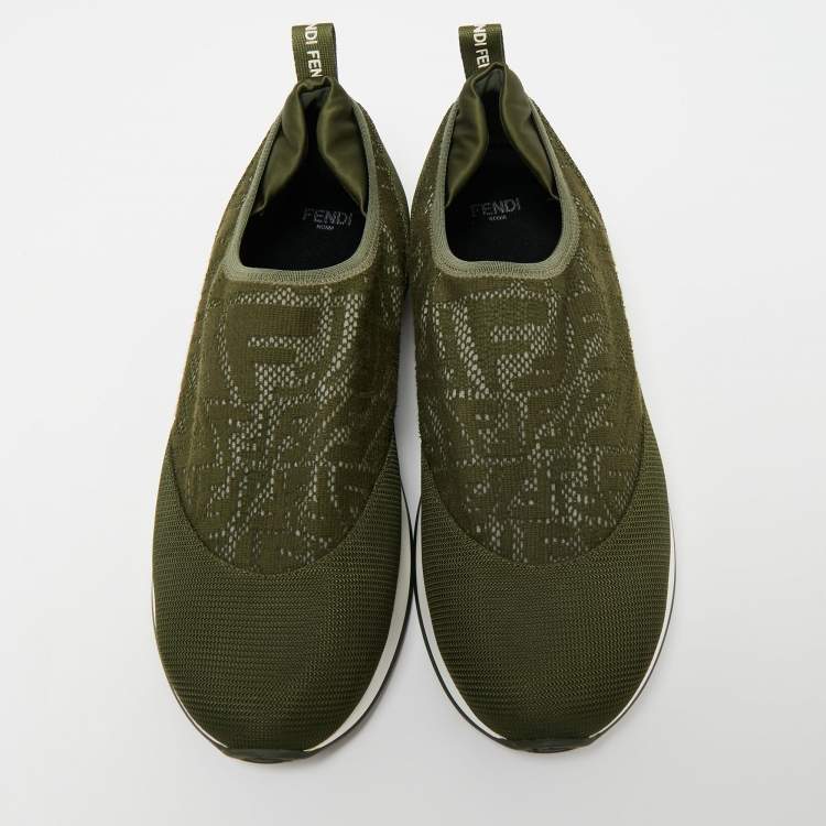 Pre Owned Fendi Green Mesh And Fabric Runner Slip On Sneakers Size 39