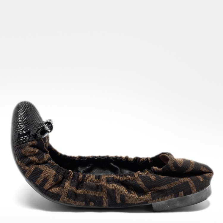 Pre Owned Fendi Tobacco Zucca Canvas And Lizard Embossed Leather Cap Toe Scrunch Ballet Flats Size 39