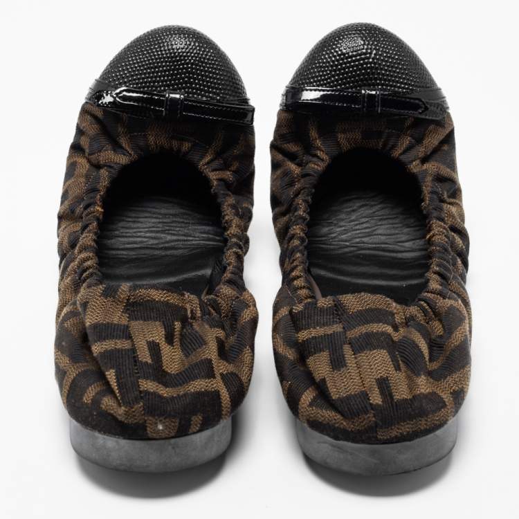 Pre Owned Fendi Tobacco Zucca Canvas And Lizard Embossed Leather Cap Toe Scrunch Ballet Flats Size 39