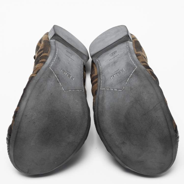 Pre Owned Fendi Tobacco Zucca Canvas And Lizard Embossed Leather Cap Toe Scrunch Ballet Flats Size 39