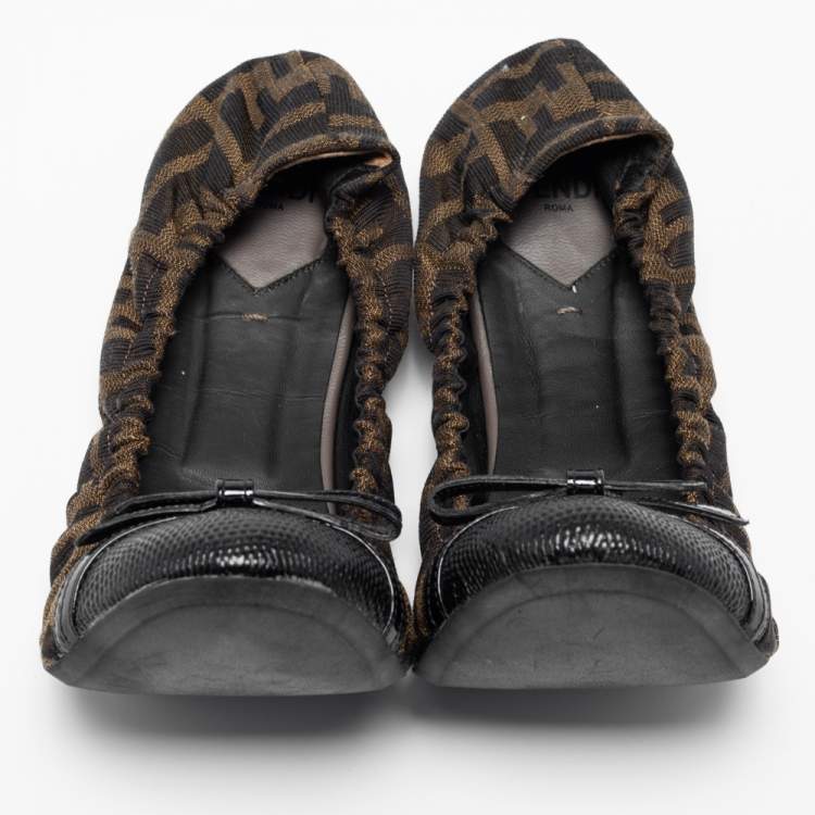Pre Owned Fendi Tobacco Zucca Canvas And Lizard Embossed Leather Cap Toe Scrunch Ballet Flats Size 39