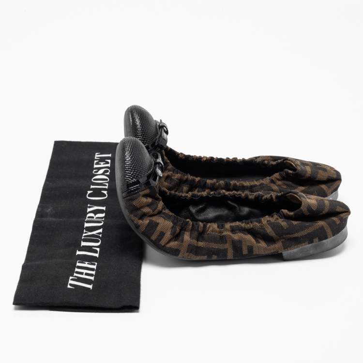 Pre Owned Fendi Tobacco Zucca Canvas And Lizard Embossed Leather Cap Toe Scrunch Ballet Flats Size 39