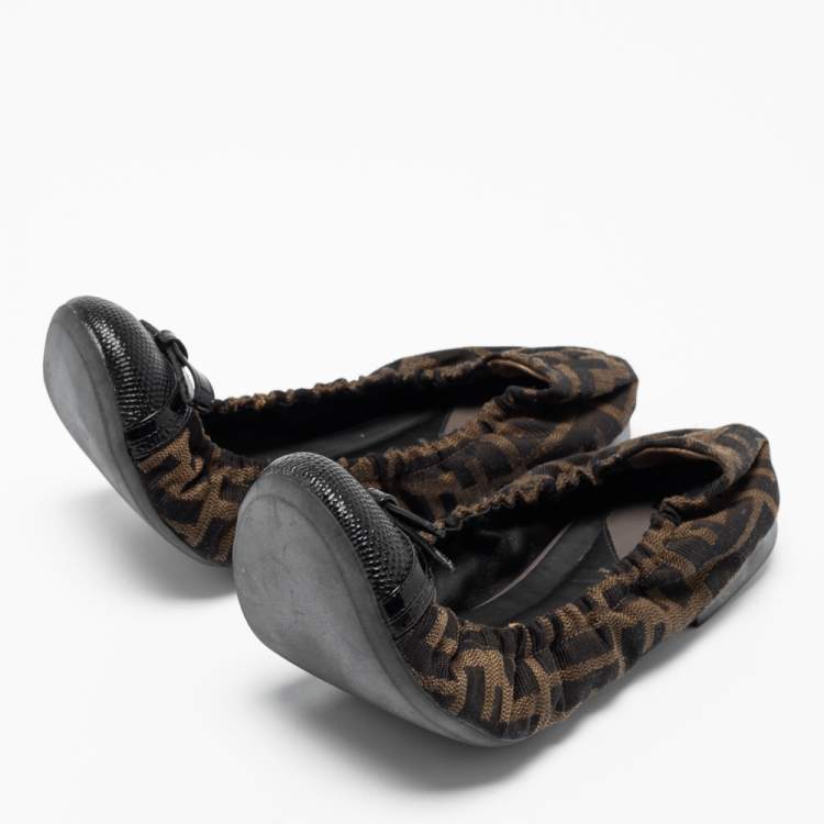 Pre Owned Fendi Tobacco Zucca Canvas And Lizard Embossed Leather Cap Toe Scrunch Ballet Flats Size 39