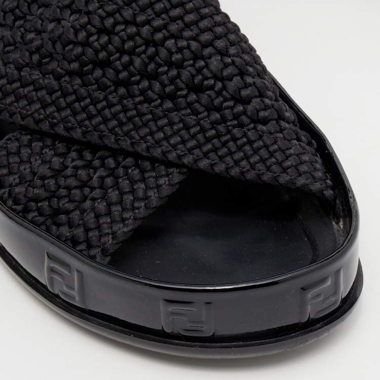 Pre Owned Fendi Black Crochet Criss Cross Flats Size 39 