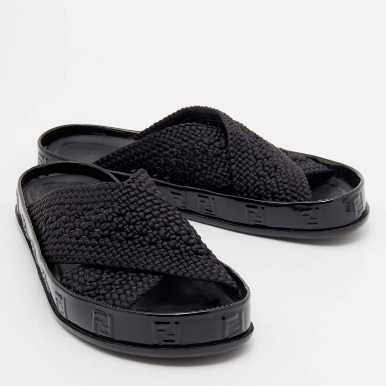 Pre Owned Fendi Black Crochet Criss Cross Flats Size 39 