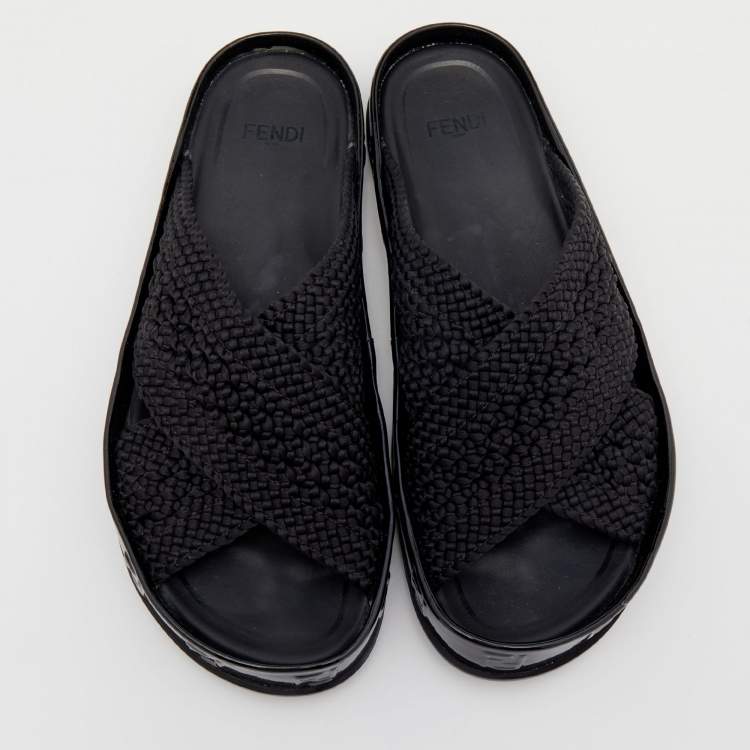 Pre Owned Fendi Black Crochet Criss Cross Flats Size 39 