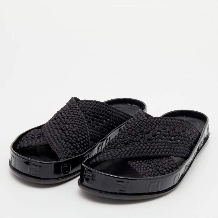 Pre Owned Fendi Black Crochet Criss Cross Flats Size 39 