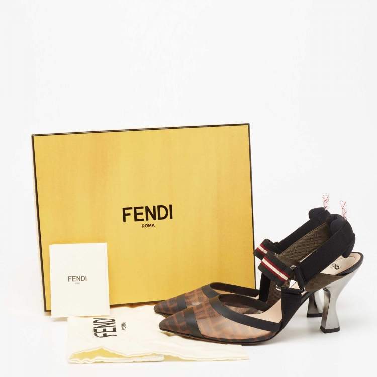 Pre Owned Fendi Black/Brown Mesh And Canvas Colibri Slingback Pumps Size 40