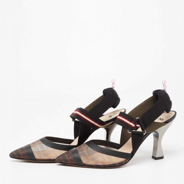 Pre Owned Fendi Black/Brown Mesh And Canvas Colibri Slingback Pumps Size 40