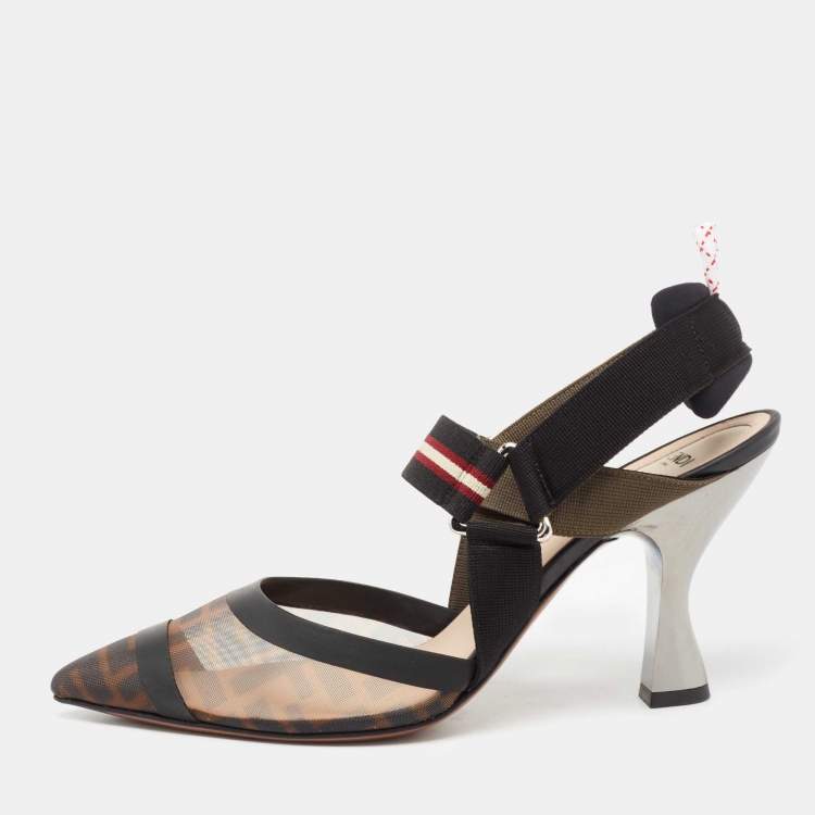 Pre Owned Fendi Black/Brown Mesh And Canvas Colibri Slingback Pumps Size 40