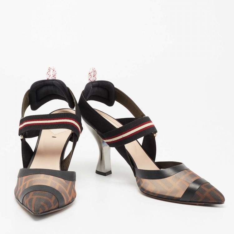 Pre Owned Fendi Black/Brown Mesh And Canvas Colibri Slingback Pumps Size 40