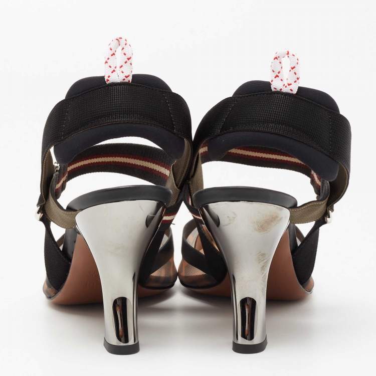 Pre Owned Fendi Black/Brown Mesh And Canvas Colibri Slingback Pumps Size 40