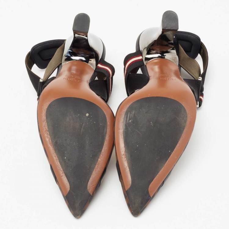 Pre Owned Fendi Black/Brown Mesh And Canvas Colibri Slingback Pumps Size 40