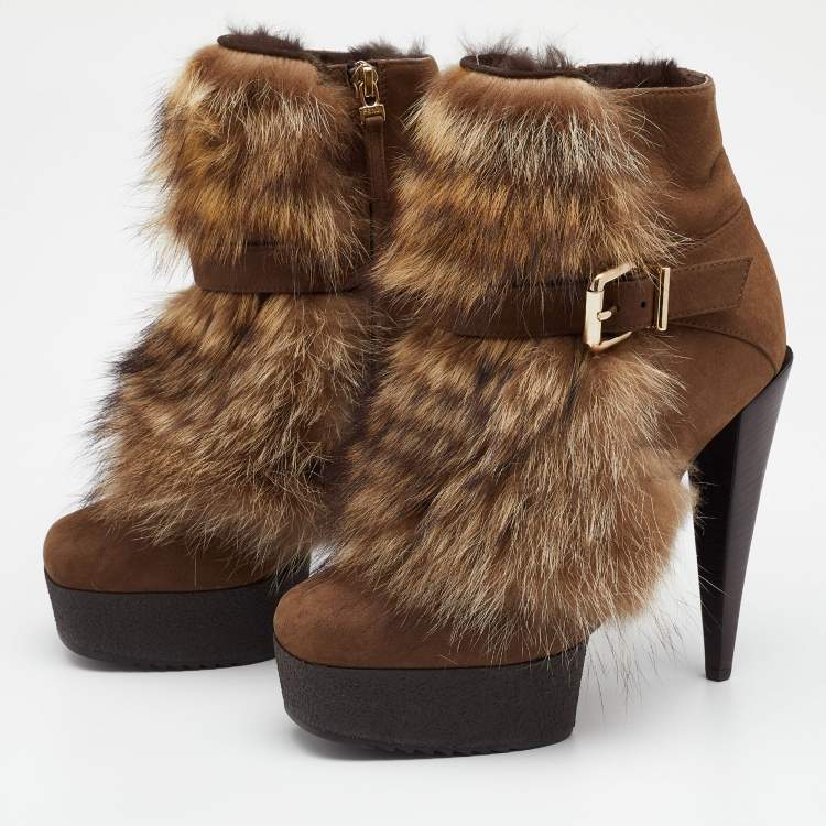 Pre Owned Fendi Brown Nubuck Leather and Raccoon Fur Platform Ankle Boots Size 37.5
